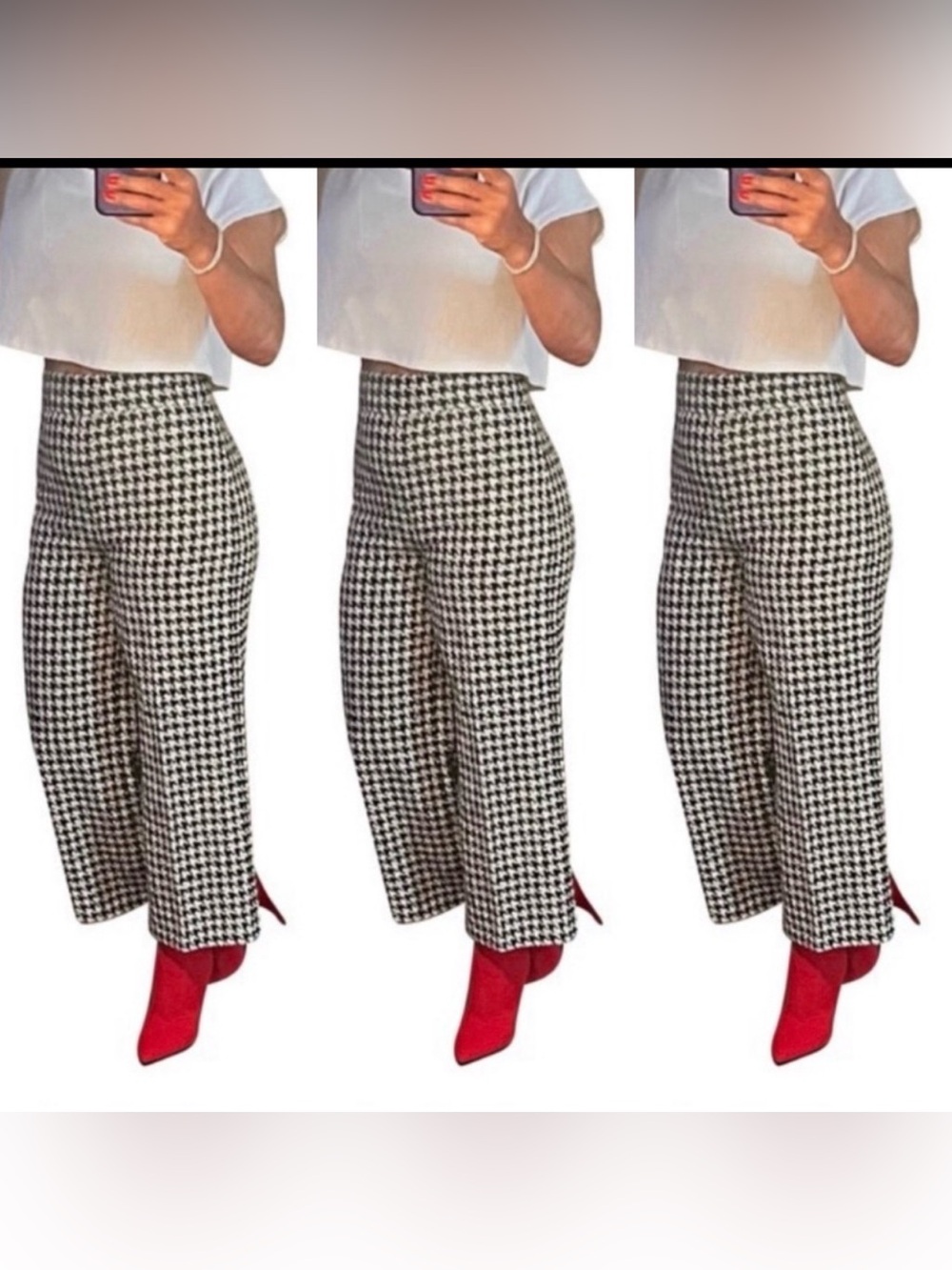 Zara Black & White Houndstooth Wide Leg Pants